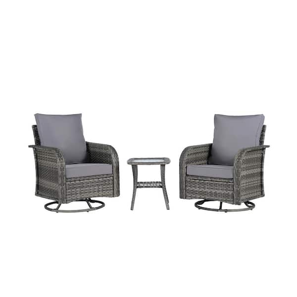 BFB 3-Piece Patio Wicker Swivel Chair Outdoor Bistro Set with Side Table, Gray Cushions