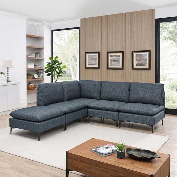 Modern 91 in. 5-Piece Linen Modular Sectional Sofa with Metal Legs in Dark Blue