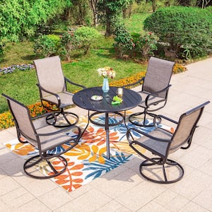 Black 5-Piece Metal Round Outdoor Patio Dining Set with Slat Table and Textilene Swivel Chairs