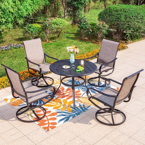 PHI VILLA Black 5-Piece Metal Outdoor Patio Dining Set with Round Slat Table and Textilene Swivel Chairs