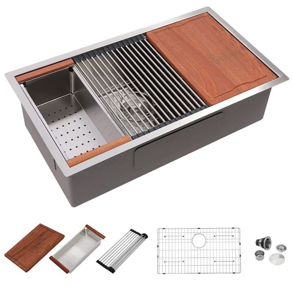 36 In. Round Corners With Ledge Workstation Undermount Kitchen Sink 16-Gauge Stainless Steel, Single Bowl Sink