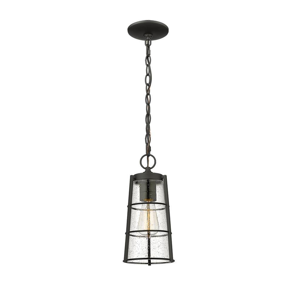 Helix 1-Light Black Outdoor Chandelier with Clear Seedy Glass Shade