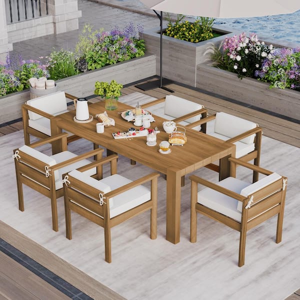 7-Piece Acacia Wood Outdoor Conversation Patio Furniture Set with Beige Cushions