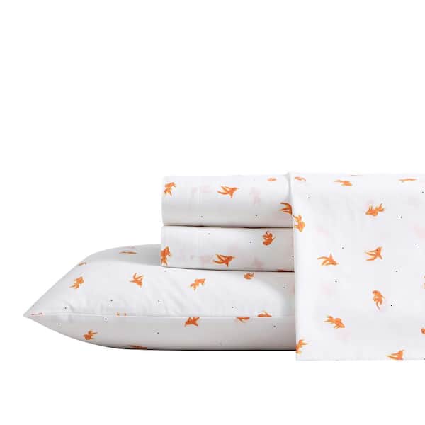 Goldfish 4-Piece Bright Orange Percale Cotton Queen Sheet Set
