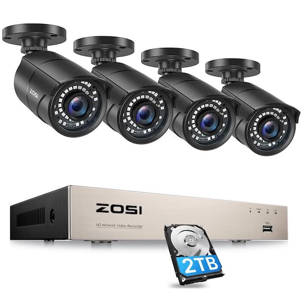 ZOSI 8-Channel 1080p PoE 2TB Hard Drive NVR Security Camera System with 4-Wired Bullet Cameras, 120ft Night Vision