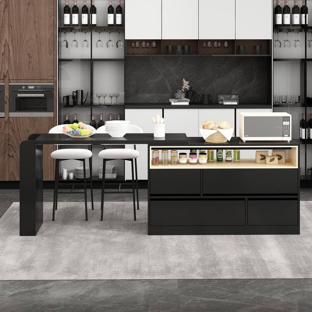FUFU&GAGA Black Wood 94.5 in. W Kitchen Island Dining Bar Table With