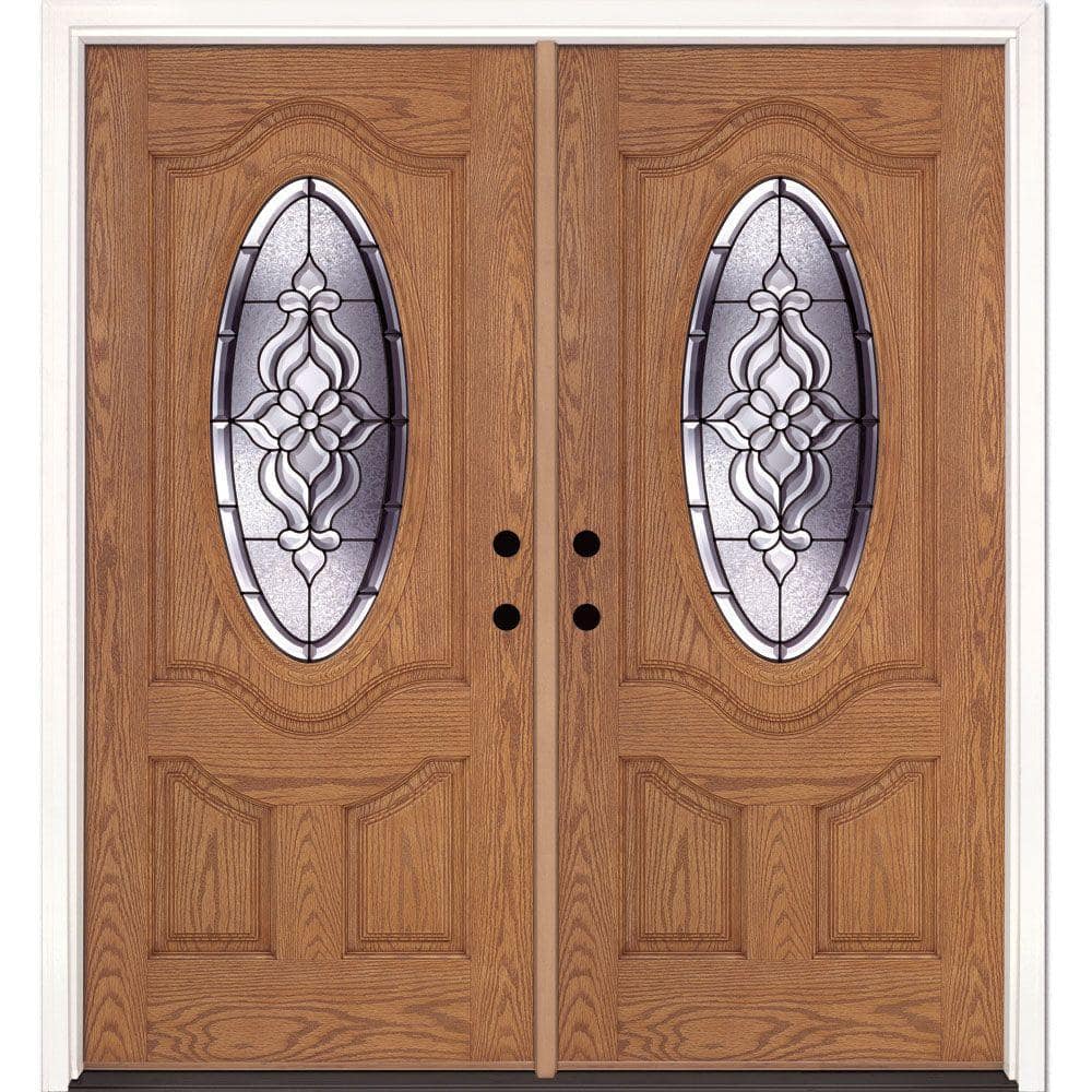 74 in. x 81.625 in. Lakewood Patina 3/4 Oval Lite Stained Light Oak Left-Ha