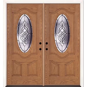 74 in. x 81.625 in. Lakewood Patina 3/4 Oval Lite Stained Light Oak Left-Hand Fiberglass Double Prehung Front Door