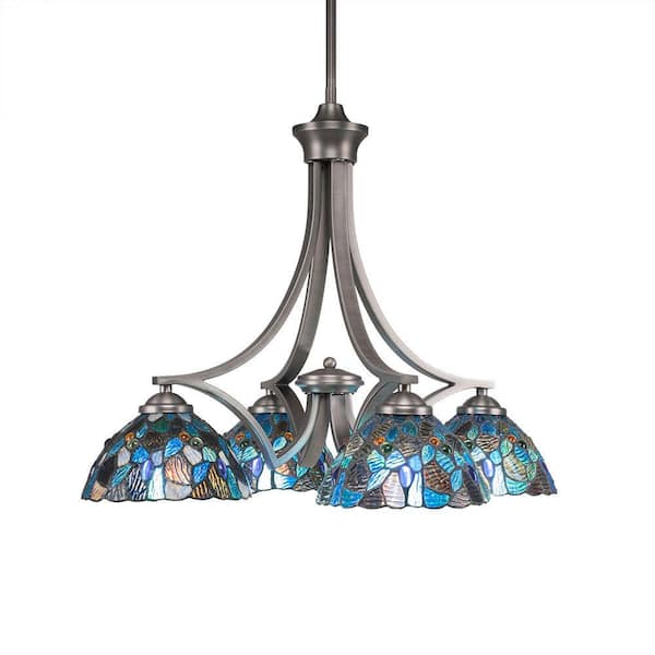 Unbranded Clevelend 4-Light Graphite Chandelier, Round Chandelier with 7 in. Blue Mosaic Art Glass Glass Shades, No bulbs included