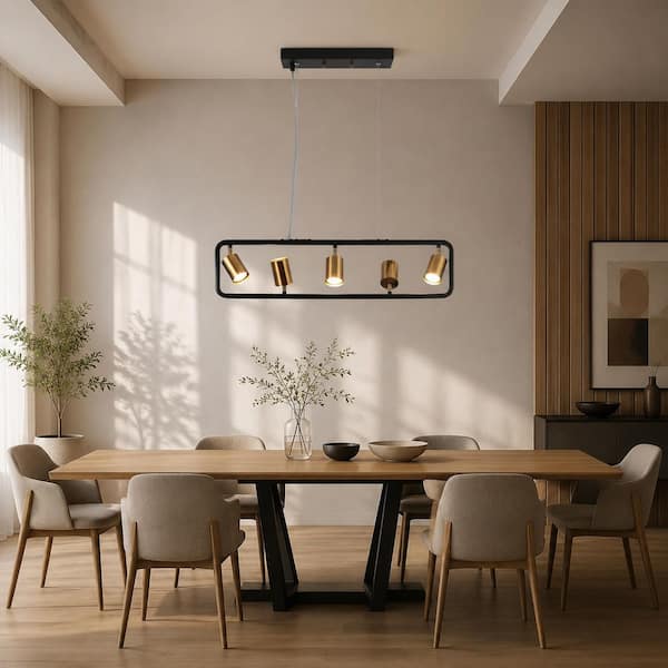 Modern 31.5 in. 5-Light Black Island Pendant Light with Adjustable Brass Metal Shades, Linear Chandelier for Dining Room