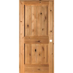 36 in. x 80 in. Knotty Alder 2 Panel Left-Hand Square Top V-Groove Clear Stain Solid Wood Single Prehung Interior Door