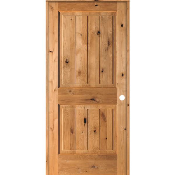 Krosswood Doors 36 in. x 80 in. Knotty Alder 2 Panel Left-Hand Square Top V-Groove Clear Stain Solid Wood Single Prehung Interior Door