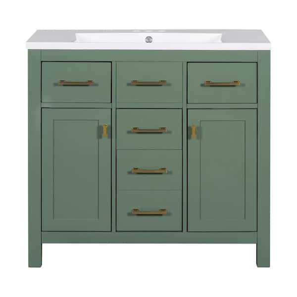 JimsMaison 36 in. W x 18 in. D x 34 in. H Single Sink Freestanding Bath Vanity in Green with White Resin Top