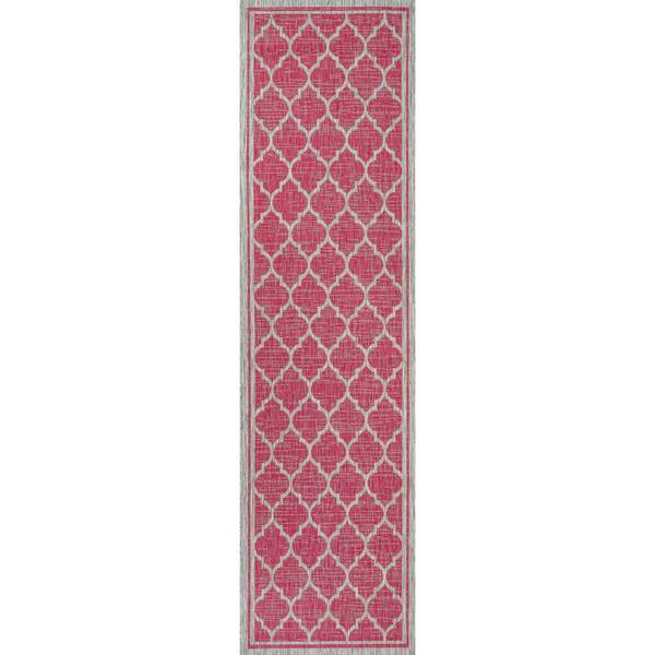Trebol Moroccan Fuchsia/Light Gray 2 ft. x 10 ft. Trellis Textured Weave Indoor/Outdoor Area Rug