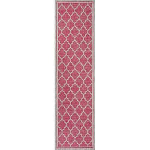 Trebol Moroccan Fuchsia/Light Gray 2 ft. x 8 ft. Trellis Textured Weave Indoor/Outdoor Area Rug