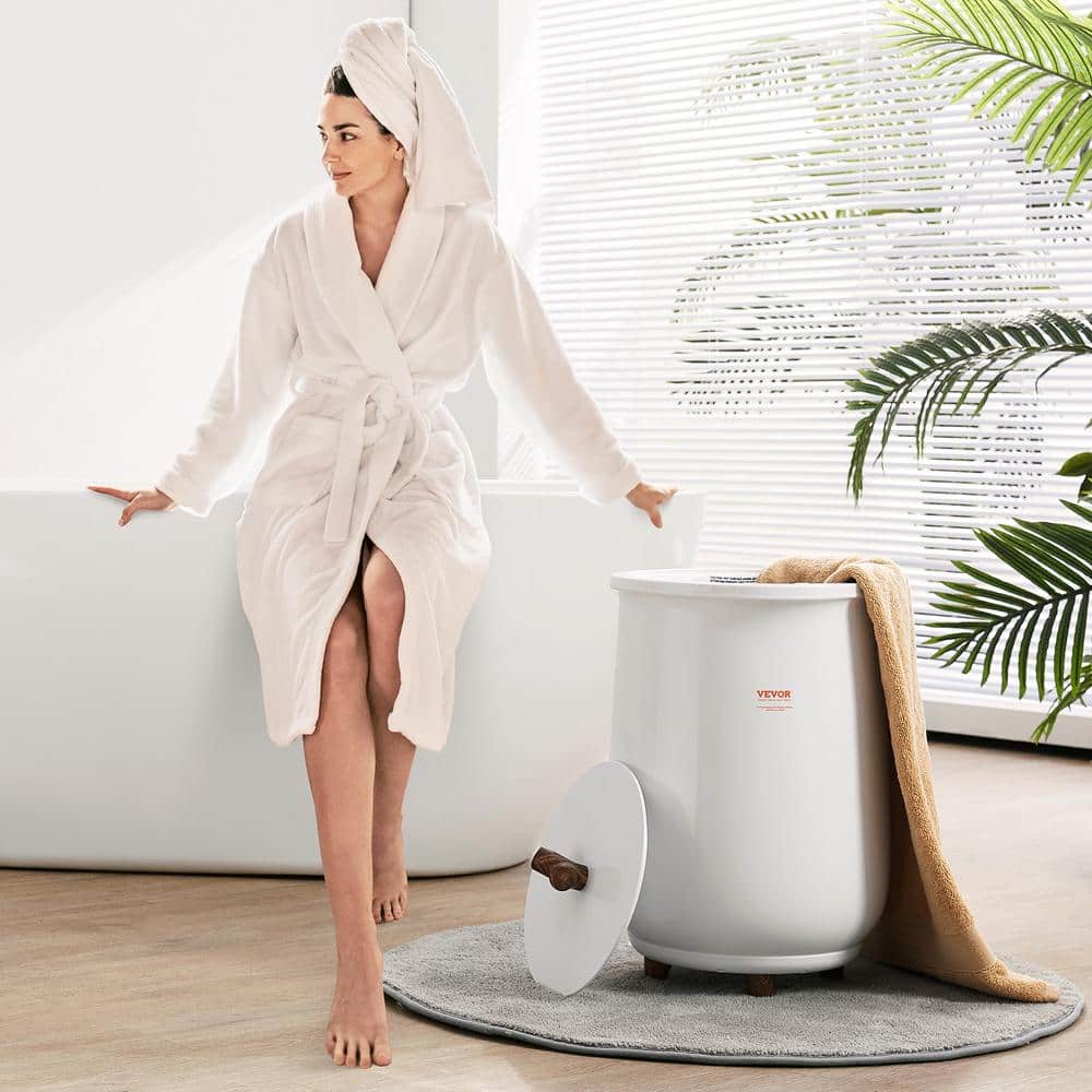 White 20L Freestanding Towel Warmer Bucket with Wood Accents