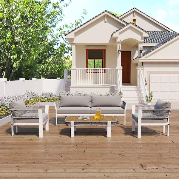 Zeus & Ruta 4-Piece Rope Iron Outdoor Patio Conversation Set with Gray Cushions, Coffee Table and for Garden, Poolside