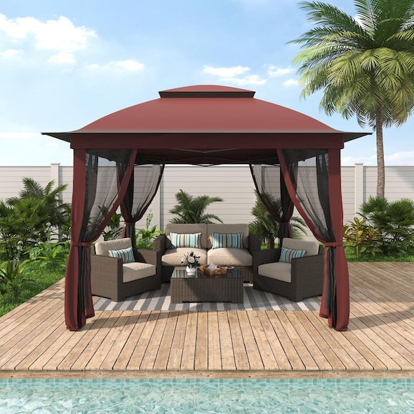 11 ft. x 11 ft. Pro Series Outdoor Instant Canopy Shelter Tent with Mosquito Netting Metal Frame Storage Bag, Red