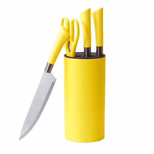 7-Piece Yellow Stainless Steel Knife Block Set with Round Holder, Chef, Bread, Utility, and Fruit Knives