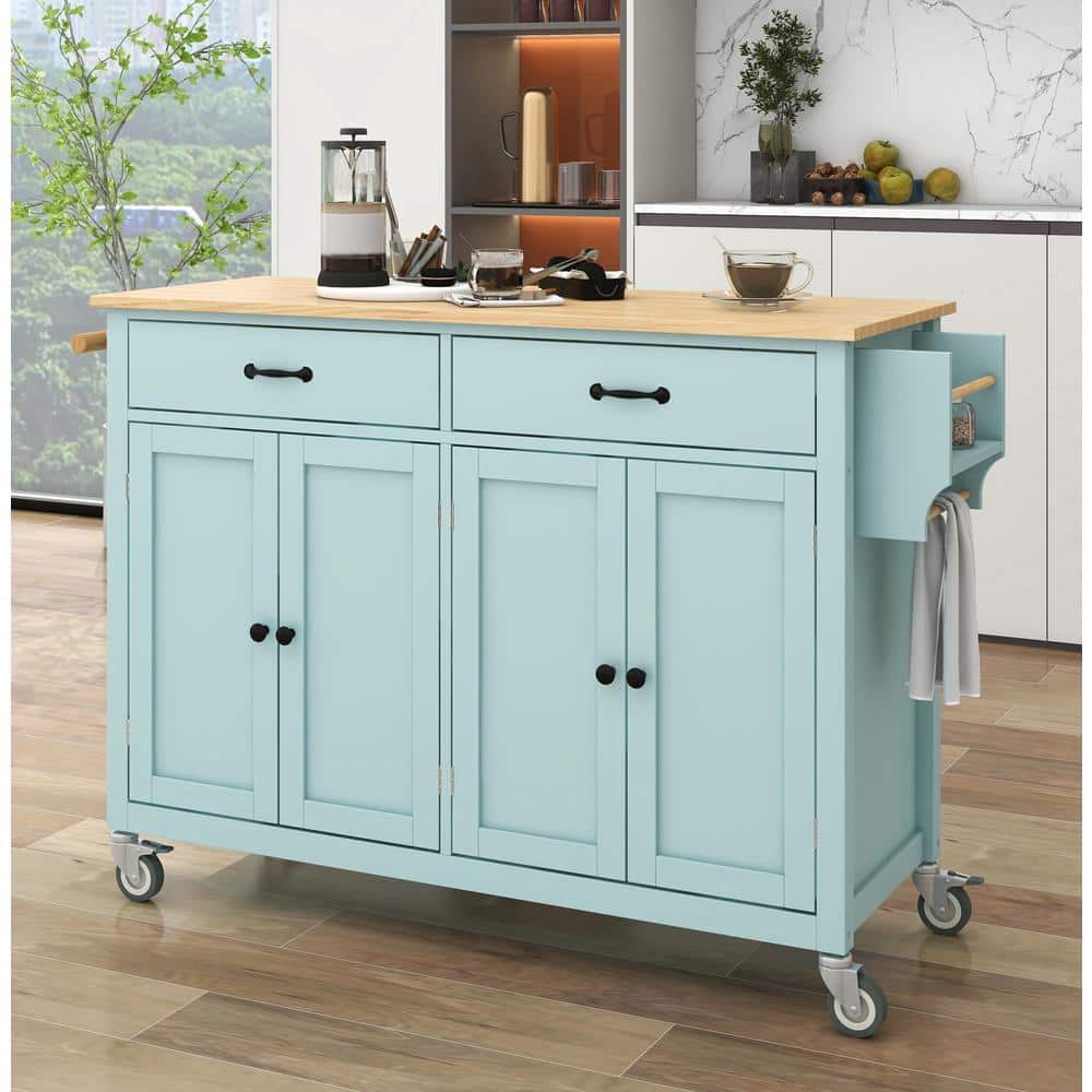 Mint Green Solid Wood Top 54.3 in. Kitchen Island with 4 Door Cabinet and 2
