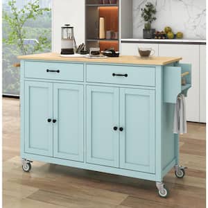 Mint Green Solid Wood Top 54.3 in. Kitchen Island with 4 Door Cabinet and 2 Drawers