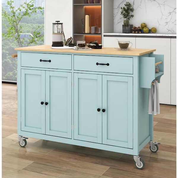 ARTCHIRLY Mint Green Solid Wood Top 54.3 in. Kitchen Island with 4 Door Cabinet and 2 Drawers