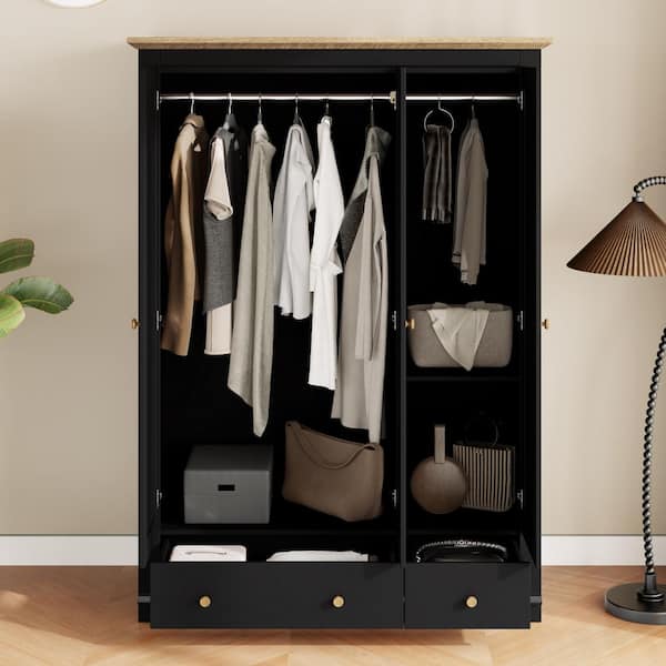 Black 47.2 in. 3-Doors Wardrobe Armoire with 2-Drawers and Hanging Rails