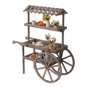 Antique Rustic Solid Wood decor Display Rack Cart, Wood Plant Stand, 3-Tier with Wheels and Shelves for Plants and More