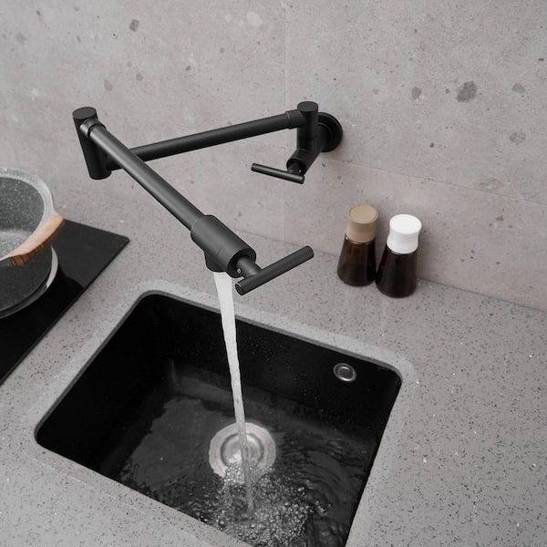 Kitchen Wall Mount Pot Filler Faucet with Spot Resistant and Double-Handle in Matte Black