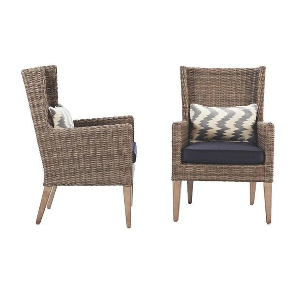 Home Decorators Collection Naples Grey All-Weather Wicker Outdoor Wingback Dining Chair with Navy Cushions (Set of 2)