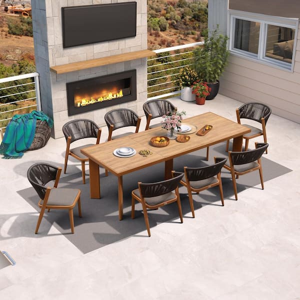 9-Piece Aluminum Wicker Dining Table Oversize and Chairs Patio Outdoor Dining Set Furniture Set with Cushions, Brown