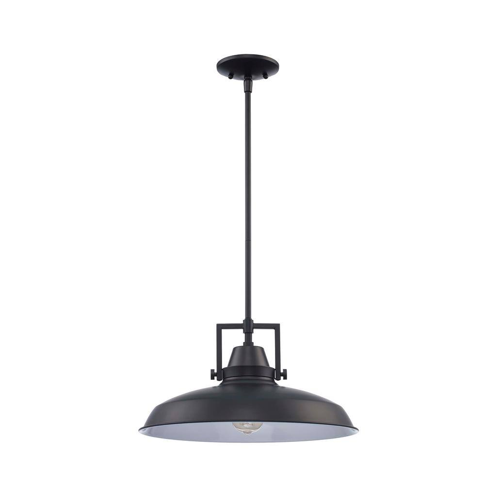 Hampton Bay Wilhelm 16 in. 1-Light Black Pendant Hanging Light with Metal Shade, Industrial Farmhouse Kitchen Pendant Lighting