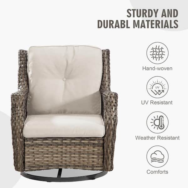 Wicker Outdoor Lounge Chair with Beige Cushions and 360° Swivel Handwoven PE Rattan