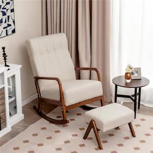 Beige Solid Wood Upholstered Rocking Chair Set of 1 with Ottoman