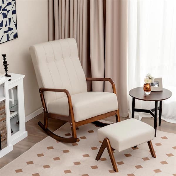 Beige Solid Wood Upholstered Rocking Chair Set of 1 with Ottoman