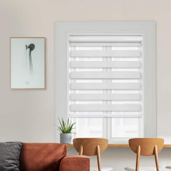 Chicology Cut-to-Size Pure White Cordless Light Filtering Dual Layer Privacy Polyester Zebra Roller Shade 48.25 in. W x 72 in. L