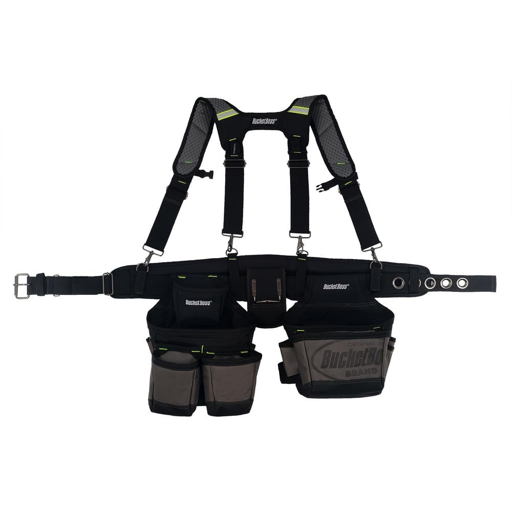 BUCKET BOSS 2 Bag 19-Pocket Professional High Visibility Contractor's Work Tool Belt Tool Storage Suspension Rig with Suspenders 55205-HV