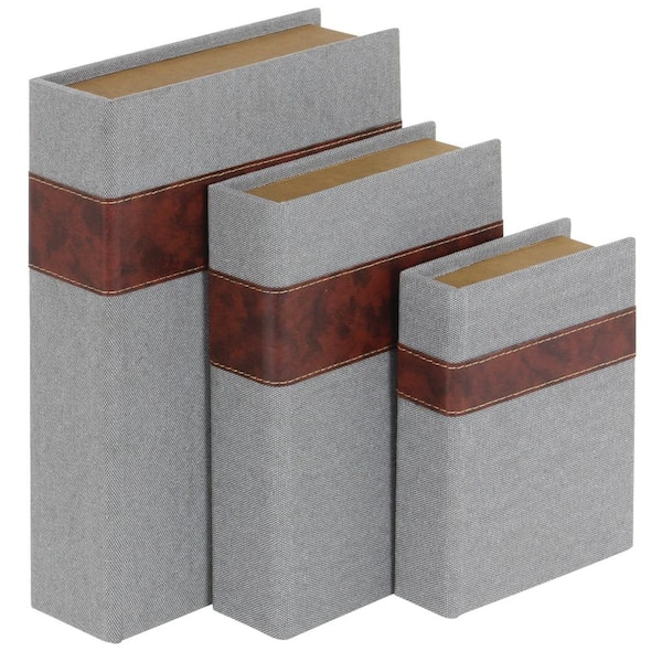 Litton Lane Rectangle Linen Faux Book Box with Faux Leather Detailing (Set of 3)