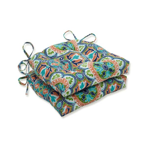 Pillow Perfect 16 in. x 15.5 in. Outdoor Dining Chair Cushion in Blue/Green/Orange (Set of 2)