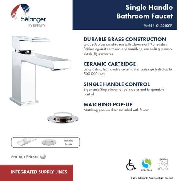 Quadrato Polished Chrome Single Handle Bathroom Faucet with Drain
