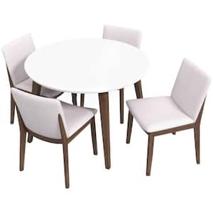 Holden 5-Piece Mid-Century Modern Round 43 in. White Top Dining Set with 4 Fabric Dining Chairs in Beige