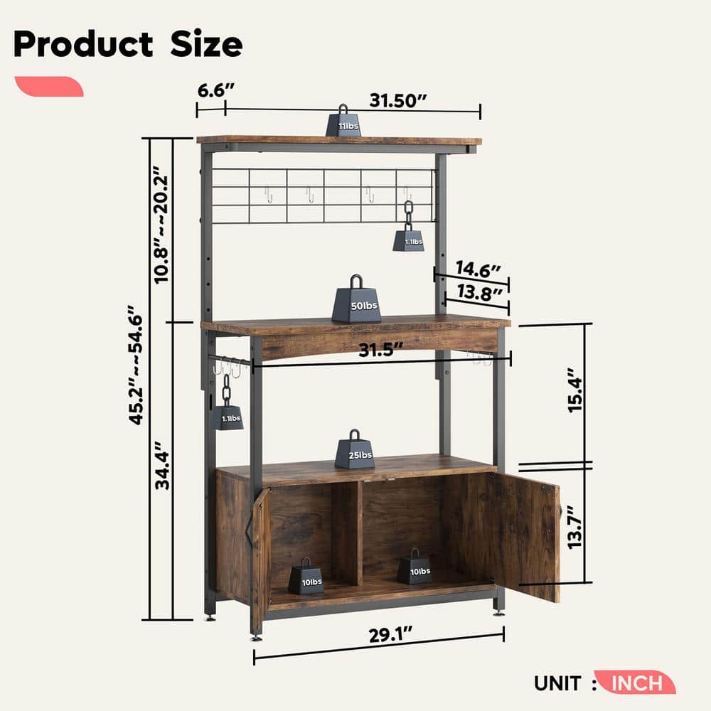 Bestier Rustic Brown 31.5 in. W 3-Tier Metal and Wood Baker's Rack with Storage Cabinet and Adjustable Feet C301P-RST