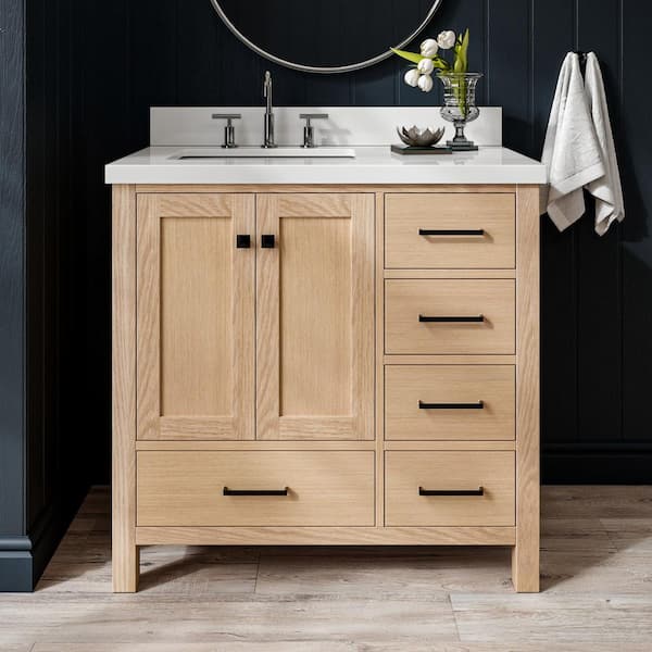 Cambridge 36 in. W x 22 in. D x 36 in. H Single Freestanding Bath Vanity in Oak with Pure White Quartz Top