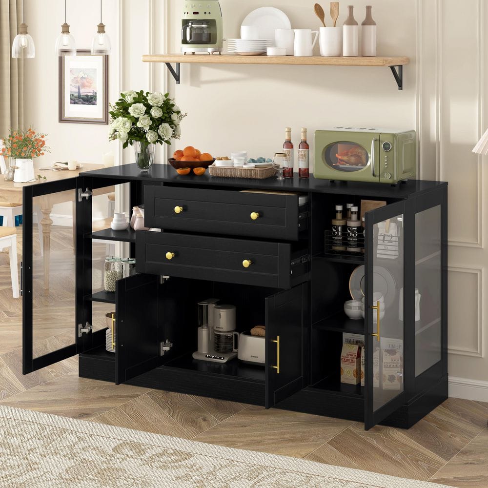 Black Wood 58.3 in. Sideboard Buffet with Adjustable Shelves, Power Outlet, Aluminum Alloy Handles, Acrylic Panel Door