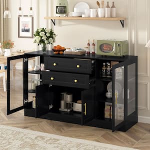 Black Wood 58.3 in. Sideboard Buffet with Adjustable Shelves, Power Outlet, Aluminum Alloy Handles, Acrylic Panel Door