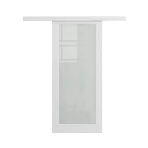 36 in. x 80 in. Hidden Track Style 1 Lite Frosted Glass White Primed MDF Sliding Barn Door with Hardware Kit