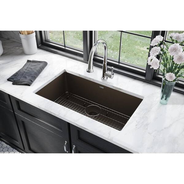 Elkay Quartz Classic Mocha Quartz 33 in. Single Bowl Undermount Kitchen Sink with Faucet, Bottom Grid and Drain