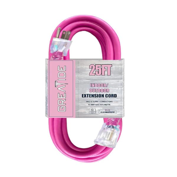 Etokfoks 25 ft. 12/3 Heavy Duty Outdoor Extension Cord with 3 Prong Grounded Plug-15 Amps Power Cord Pink