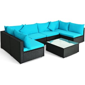 7-Piece Wicker Patio Conversation Set PE Rattan Sectional Sofa Furniture Set with Turquoise Cushions