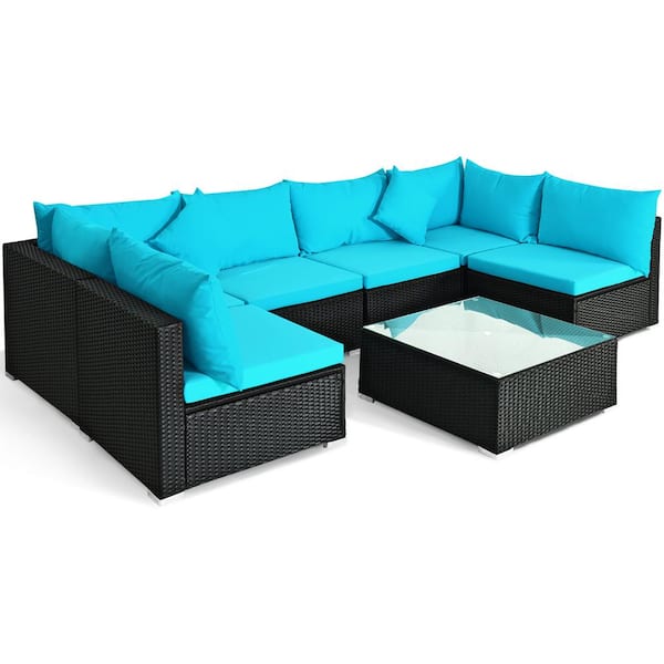 HONEY JOY 7-Piece Wicker Patio Conversation Set PE Rattan Sectional Sofa Furniture Set with Turquoise Cushions